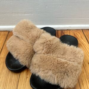 Tan and Black Plush Slippers with Cozy Fur